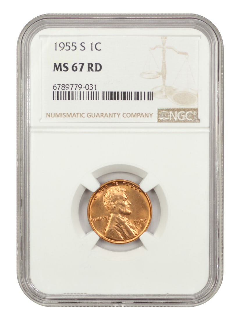 1955-S Lincoln Cent NGC MS67RD Wheat Reverse Coin: 1955-S Lincoln Cent NGC MS67RD Wheat Reverse Coin This 1955-S Lincoln Cent, graded MS67RD by NGC, is an exceptional example of this classic coin. It features a brilliant red finish, indicating its unc