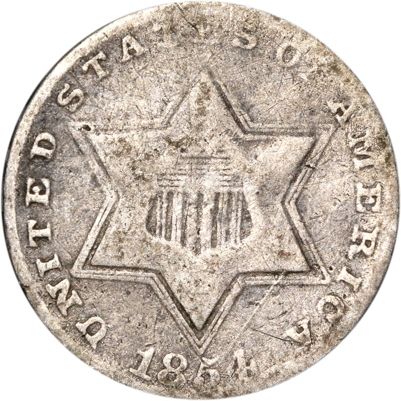 1854 Three Cent Silver Coin Uncertified Circulated Collectible (1 of 2)