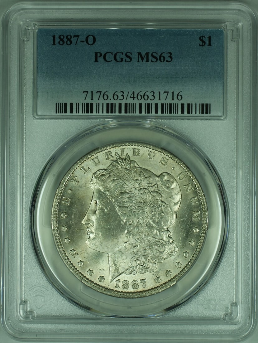 1887-O Morgan Silver Dollar Coin PCGS MS63 Uncirculated: 1887-O Morgan Silver Dollar Coin PCGS MS63 Uncirculated This 1887-O Morgan Silver Dollar Coin is a stunning example of American numismatic history, certified by PCGS with a grade of MS-63. This uncirc