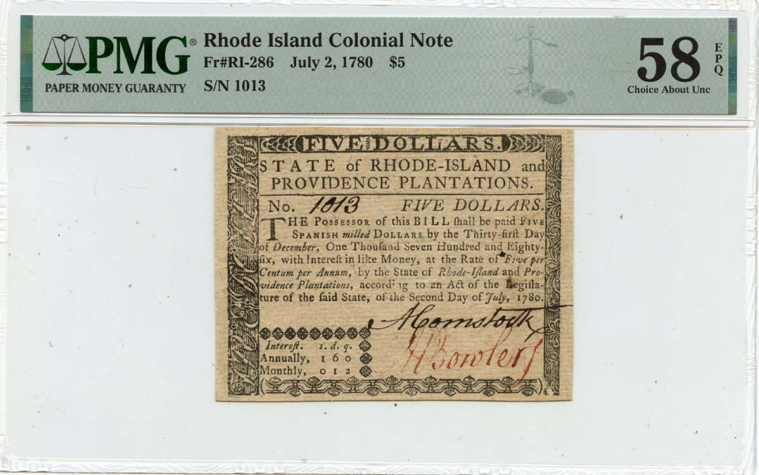 1780 $5 Rhode Island Colonial Note PMG AU58 EPQ (1 of 2)
