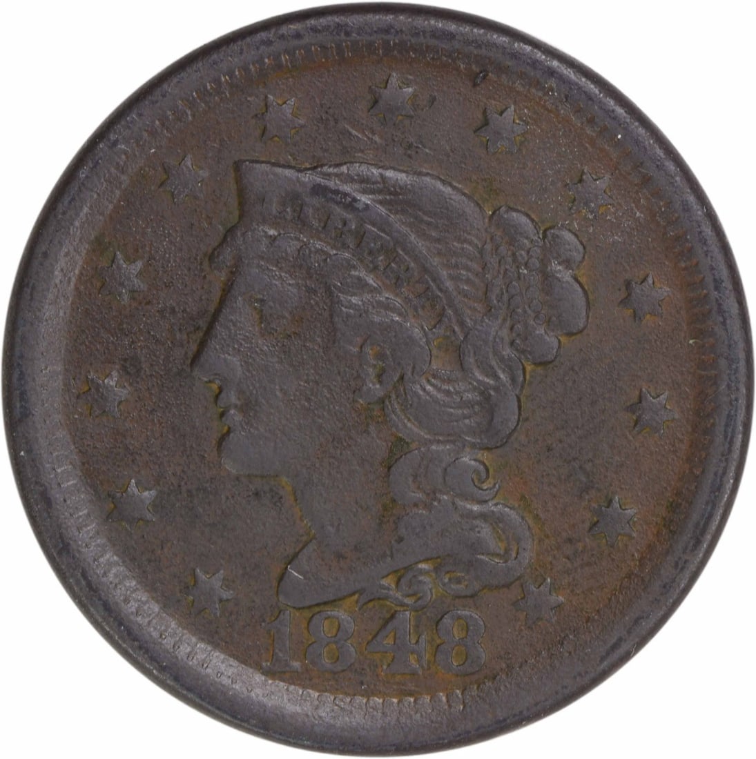 1848 Philadelphia Large Cent VF Braided Hair Copper Coin (1 of 2)