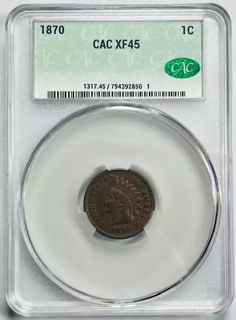 1870 Indian Head Penny CAC XF 45 BN Copper Coin (1 of 3)