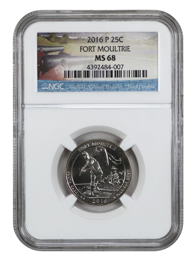 2016-P 25C Fort Moultrie Quarter NGC MS68 Type 1 Uncirculated: 2016-P 25C Fort Moultrie Quarter NGC MS68 Type 1 Uncirculated This 2016-P 25C Fort Moultrie National Park coin is graded NGC MS68, indicating its exceptional quality as an uncirculated piece. Struck a
