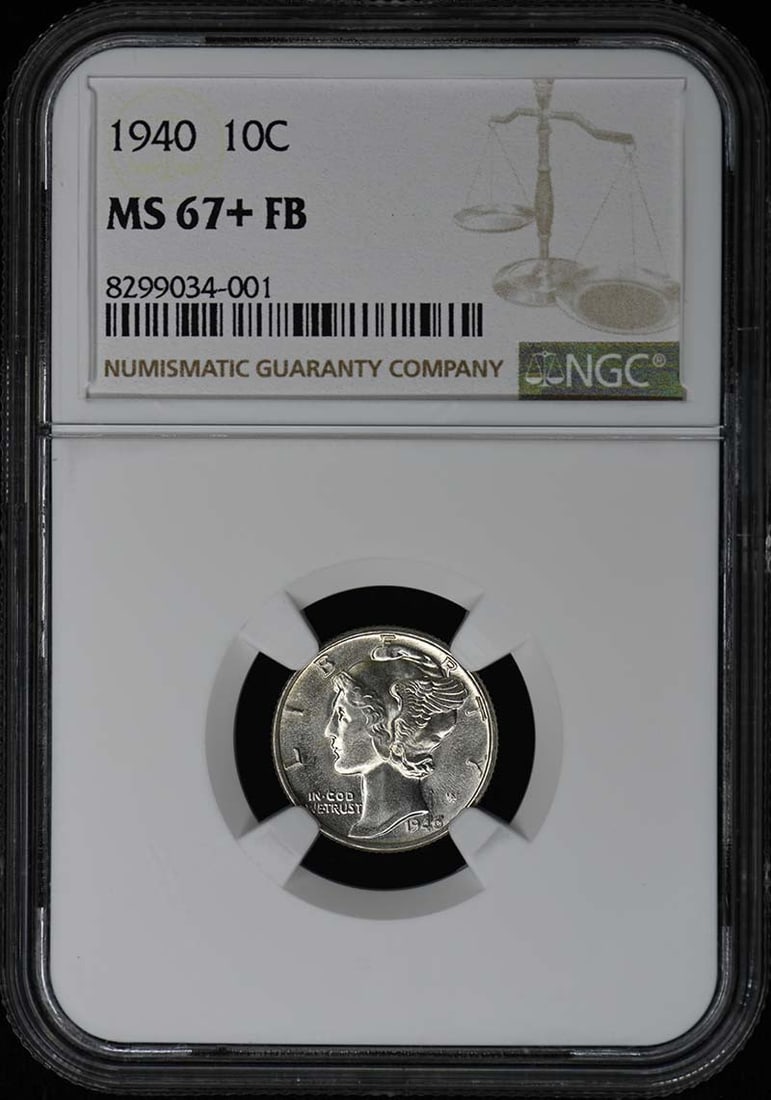 1940 Mercury Dime 10C NGC MS67+FB Philadelphia Uncirculated: 1940 Mercury Dime 10C NGC MS67+FB Philadelphia Uncirculated This 1940 Mercury Dime is a stunning addition to any collection, certified by NGC with a grade of MS67+ and designated as FB (Full Bands). S