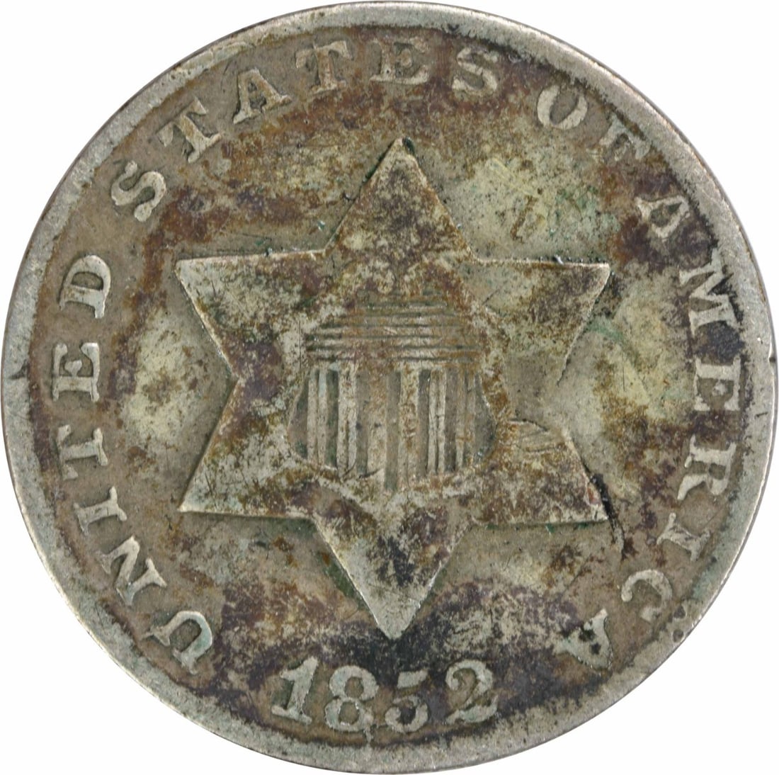1852 Three Cent Silver Coin F Uncertified Philadelphia Mint (1 of 2)