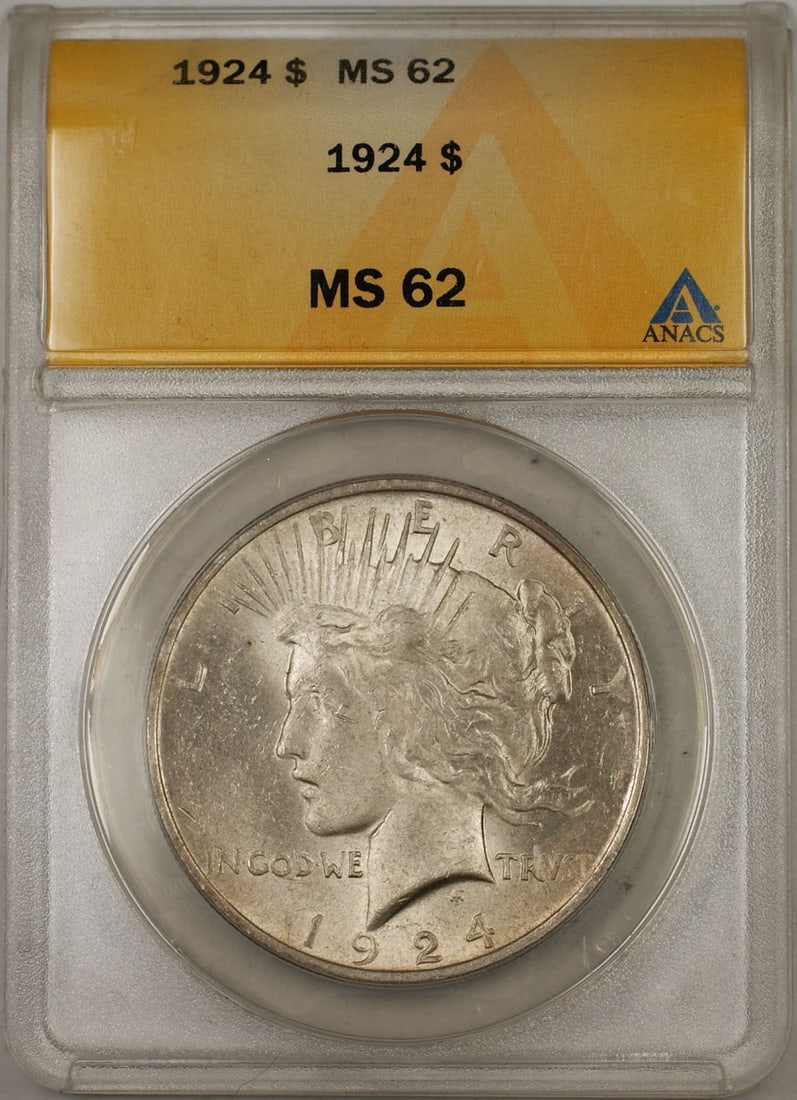 1924 Peace Silver Dollar Coin ANACS MS 62 Uncirculated: 1924 Peace Silver Dollar Coin ANACS MS 62 Uncirculated This 1924 Peace Silver Dollar Coin is certified by ANACS with a grade of MS 62, indicating it is in uncirculated condition. Minted in Philadelphi