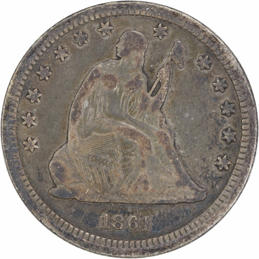 1861 Liberty Seated Silver Quarter 25C VF Uncertified: 1861 Liberty Seated Silver Quarter 25C VF Uncertified This 1861 Liberty Seated Silver Quarter is an exceptional piece of numismatic history. Struck in Philadelphia, this coin features the iconic Seate