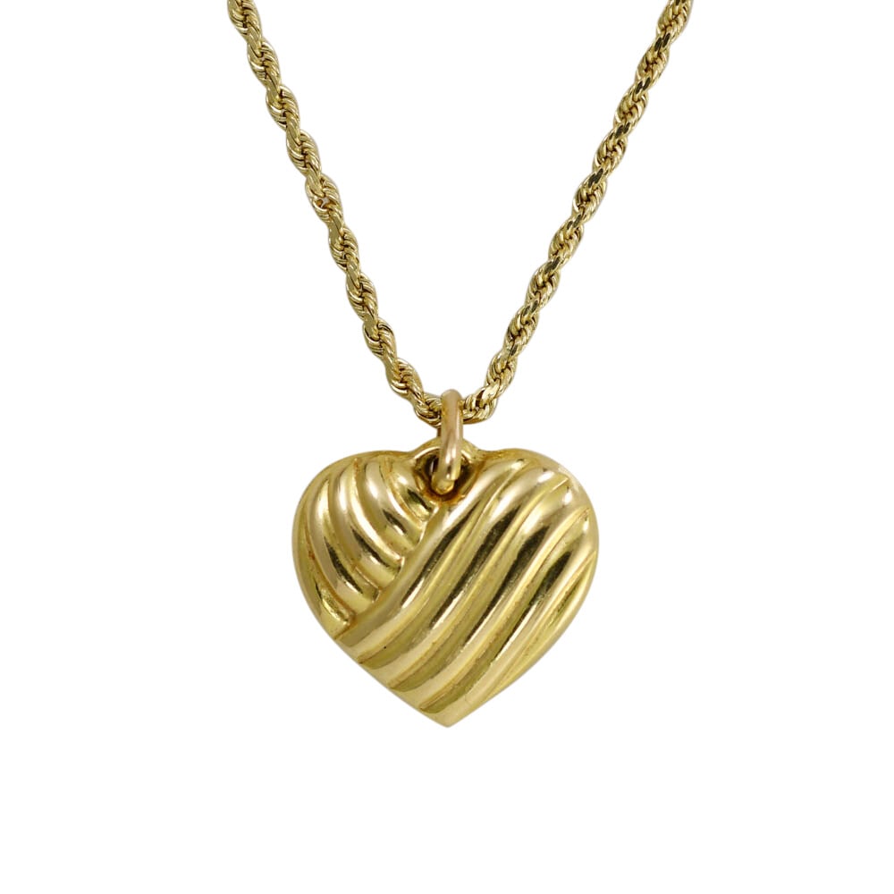 14k Yellow Gold Vintage Heart Pendant Necklace with Rope Chain (1 of 8)
