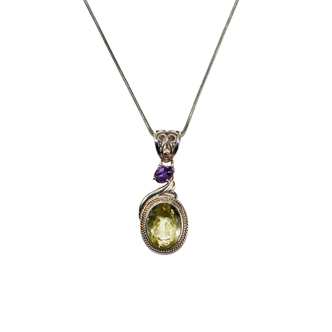 Sterling Silver Prasiolite 10ct & Amethyst Pendant Necklace 1 7/8in (1 of 5)
