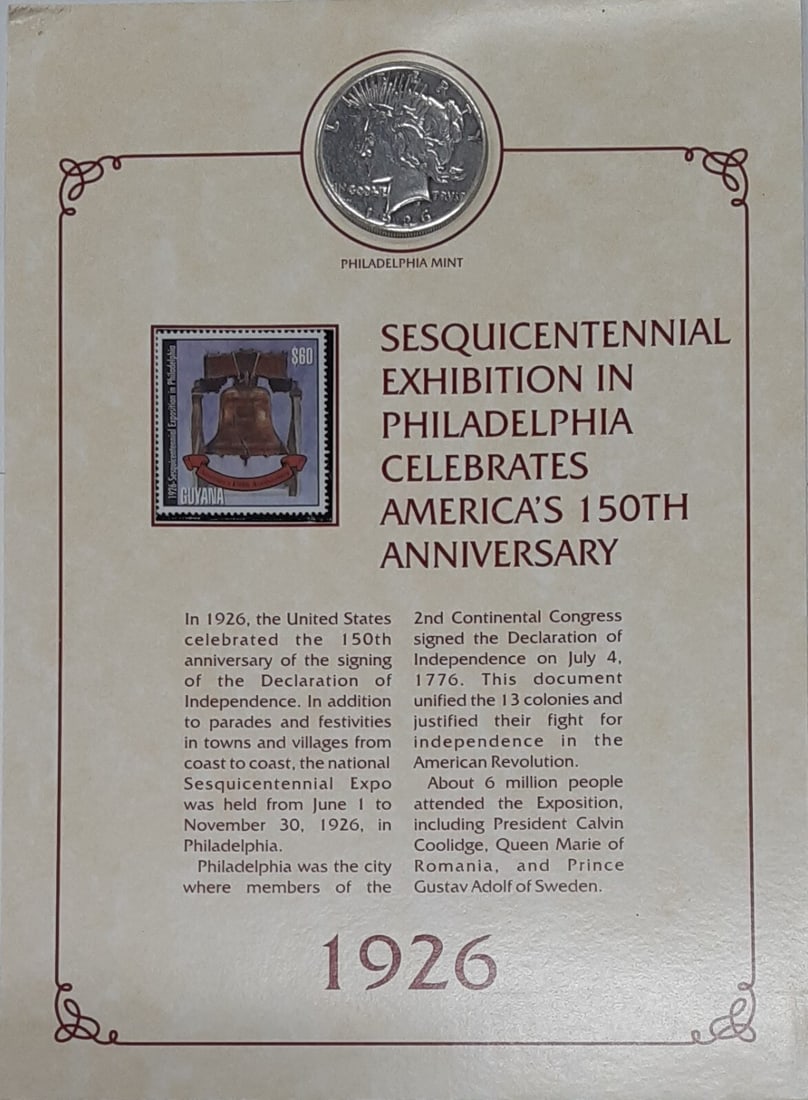 1926 Peace Silver Dollar in US Sesquicentennial Card: 1926 Peace Silver Dollar in US Sesquicentennial Card This 1926 Peace Silver Dollar is a remarkable piece of history, featuring a stunning design that symbolizes peace. Struck in Philadelphia, this coi