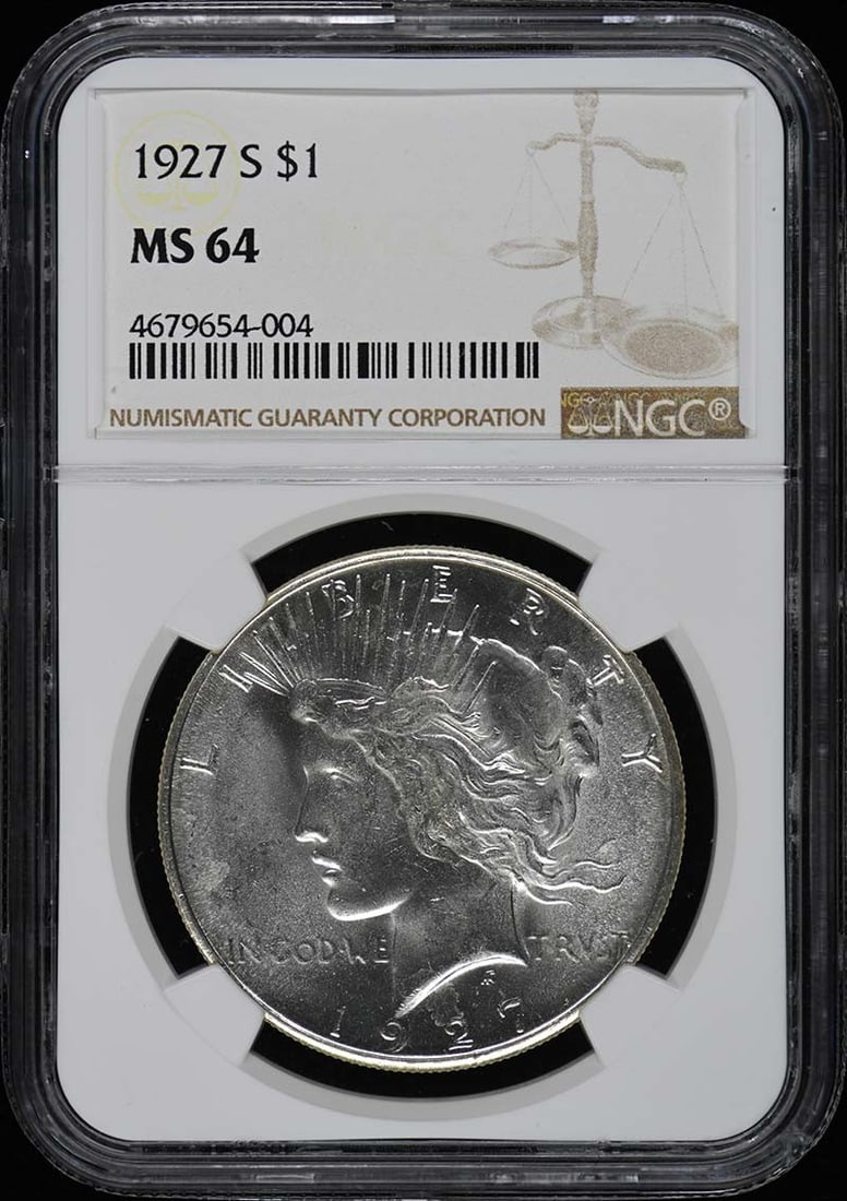 1927-S Peace Dollar NGC MS64 Uncirculated San Francisco: 1927-S Peace Dollar NGC MS64 Uncirculated San Francisco This 1927-S Peace Dollar is a remarkable piece of numismatic history, graded MS64 by NGC, indicating it is in uncirculated condition. Minted in