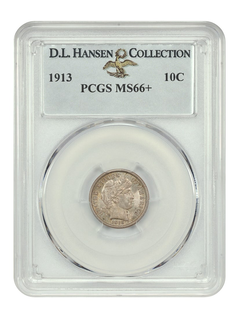 1913 Barber Dime PCGS MS66+ ex D.L. Hansen Uncirculated: 1913 Barber Dime PCGS MS66+ ex D.L. Hansen Uncirculated This 1913 Barber Dime, certified by PCGS with a grade of MS66+, represents an exceptional example of the series. Featuring a denomination of 10