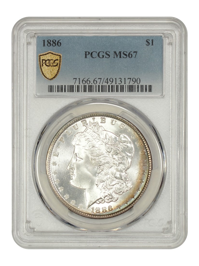 PCGS MS67 1886 Morgan Silver Dollar Philadelphia Uncirculated: PCGS MS67 1886 Morgan Silver Dollar Philadelphia Uncirculated This 1886 Morgan Dollar is graded MS67 by PCGS, indicating an uncirculated coin with exceptional quality. Struck at the Philadelphia Mint,