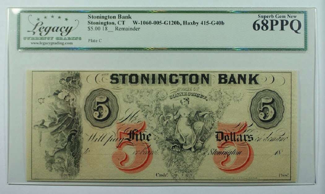 Stonington Bank $5 Note GEM 68 EPQ PPQ Uncertified (1 of 2)