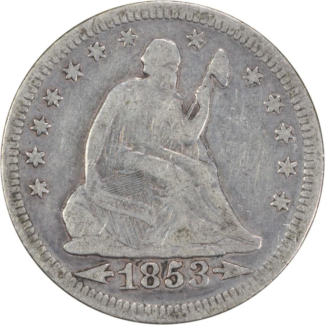 1853 Liberty Seated Silver Quarter VF Circulated Uncertified: 1853 Liberty Seated Silver Quarter VF Circulated Uncertified This 1853 Liberty Seated Silver Quarter features the Arrows and Rays design, a notable coin that showcases the artistry of designers Robert