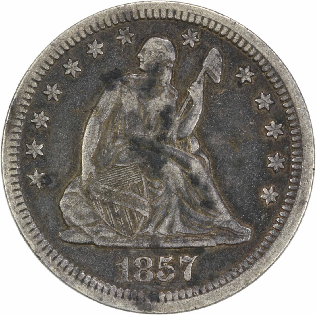 1857 Liberty Seated Quarter 25C Choice VF Uncertified Silver Coin (1 of 2)