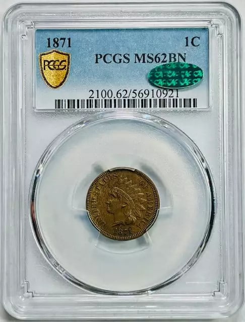 1871 Indian Head Penny PCGS MS62 BN CAC Certified Copper Coin (1 of 3)