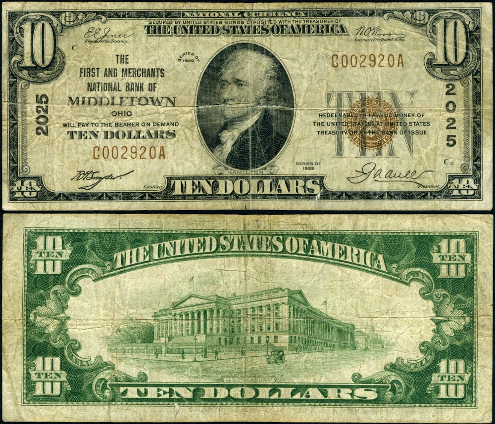 1929 T-1 $10 National Bank Note Middletown Ohio Ch #2025 (1 of 3)