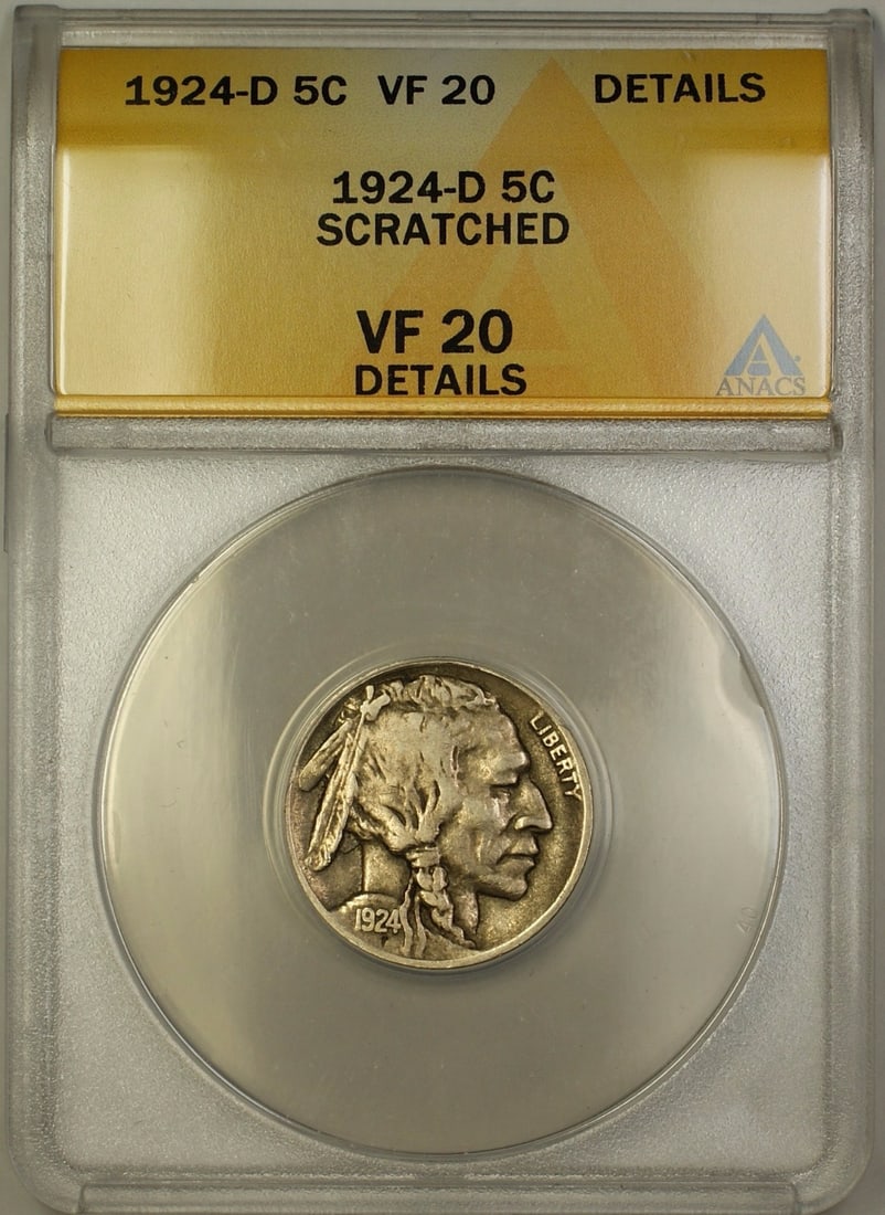 1924-D Buffalo Nickel 5c Coin ANACS Certified VF-20 Details (1 of 2)