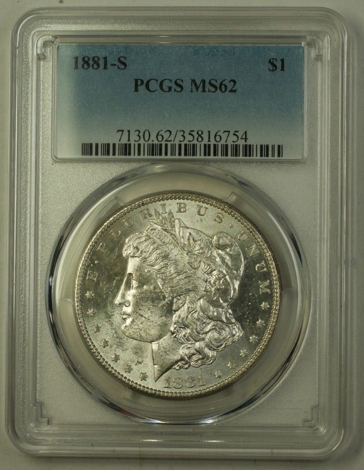 1881-S Morgan Silver Dollar $1 Coin PCGS MS-62 San Francisco: 1881-S Morgan Silver Dollar $1 Coin PCGS MS-62 San Francisco This 1881-S Morgan Silver Dollar is a remarkable piece of numismatic history. Graded MS-62 by PCGS, this coin showcases its uncirculated co