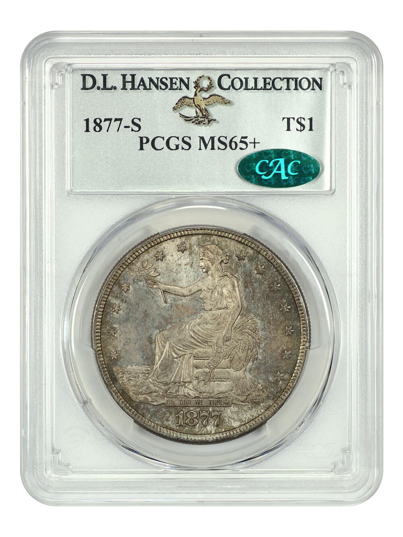 1877-S Trade Dollar PCGS MS65+ D.L. Hansen Collection: 1877-S Trade Dollar PCGS MS65+ D.L. Hansen Collection This stunning 1877-S Trade Dollar is graded MS65+ by PCGS and is part of the CAC collection, showcasing remarkable eye appeal. With a mintage of o