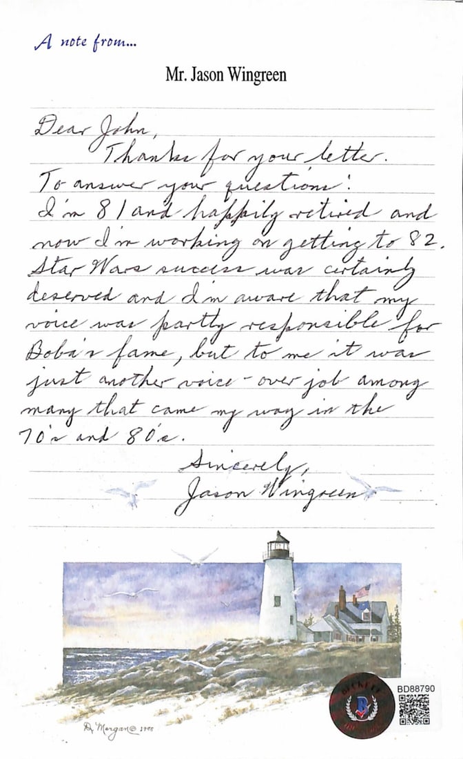 Jason Wingreen Signed Handwritten Letter Boba Fett Beckett Authenticated (1 of 1)