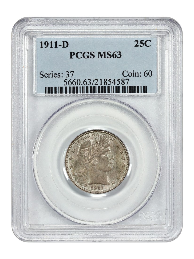 1911-D Barber Quarter 25C PCGS MS63 Uncirculated Key Date: 1911-D Barber Quarter 25C PCGS MS63 Uncirculated Key Date This 1911-D Barber Quarter, certified by PCGS with a grade of MS63, represents a key date in the series that is often underrated. The coin is