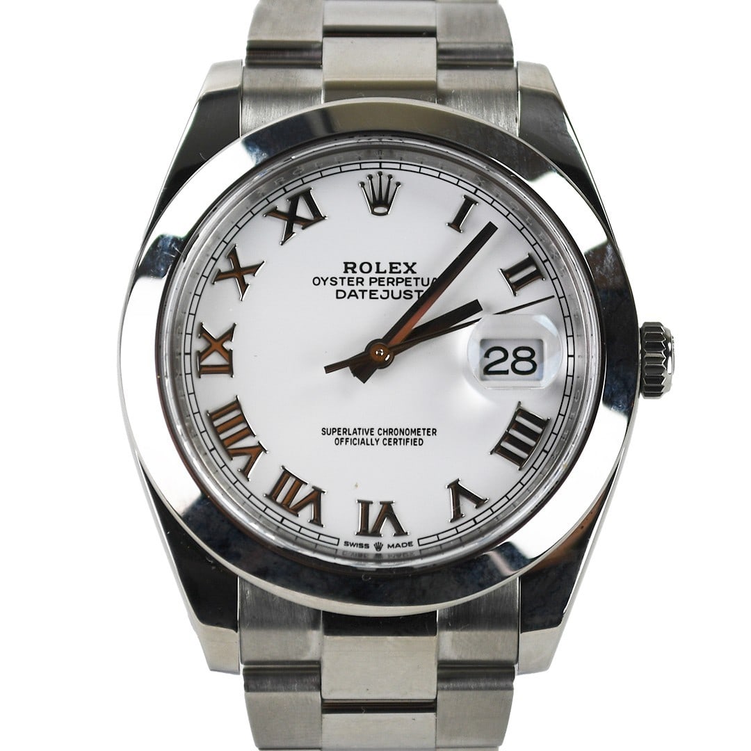 Rolex Datejust 41mm White Roman Dial Stainless Steel Automatic Watch: Rolex Datejust 41mm White Roman Dial Stainless Steel Automatic Watch This Rolex Datejust is a luxury men's wristwatch featuring a 41mm round stainless steel case and a matching stainless steel bracele