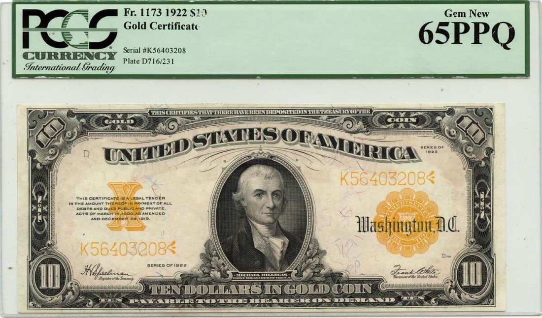 1922 $10 Gold Certificate FR1173 PCGS Gem 65 PPQ Uncirculated (1 of 2)