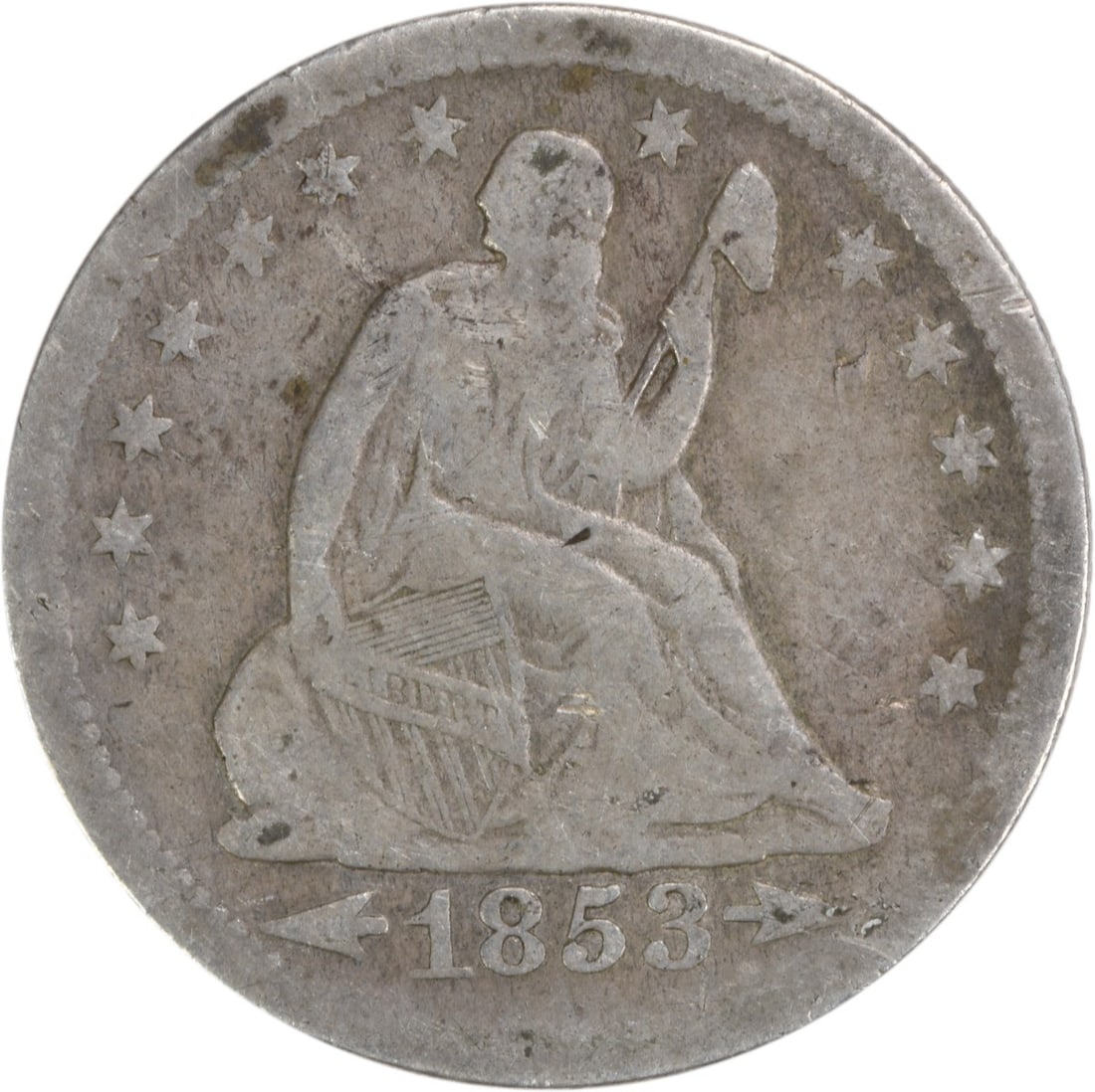 1853-O Liberty Seated Quarter 90% Silver Circulated Coin: 1853-O Liberty Seated Quarter 90% Silver Circulated Coin This 1853-O Liberty Seated Quarter features the Arrows and Rays design, showcasing the artistry of renowned designers Robert Ball Hughes and Ch