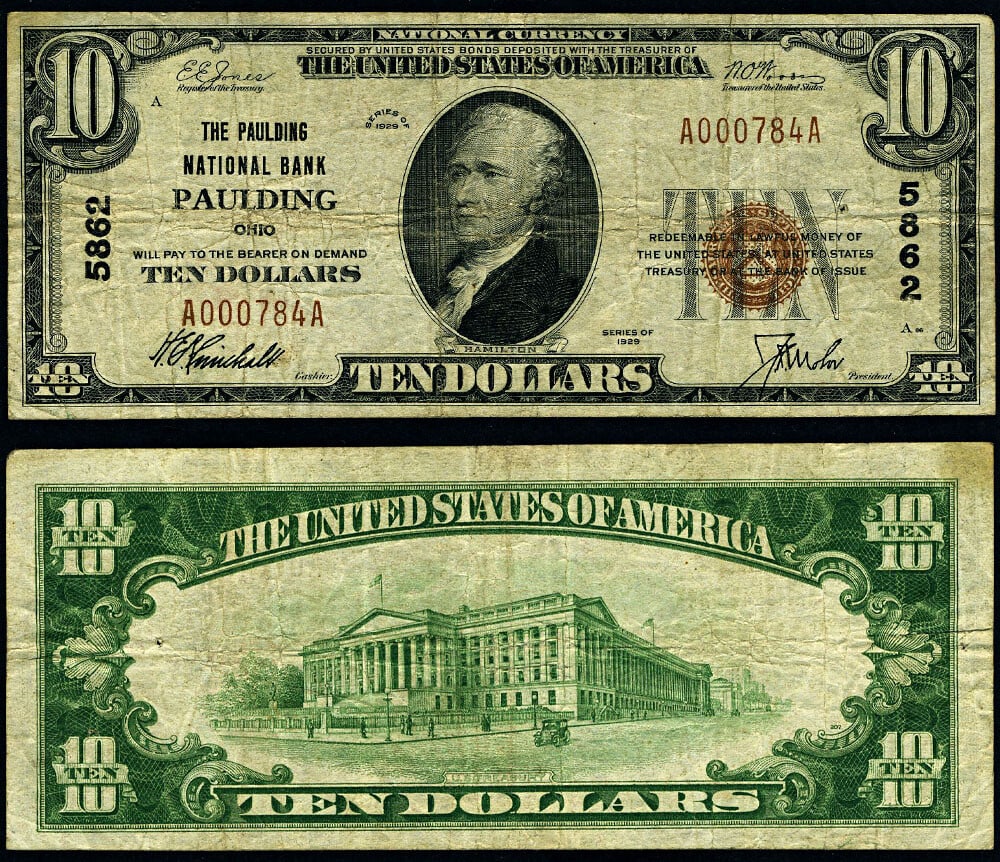 1929 T-1 $10 National Bank Note Paulding OH Ch #5862 Uncertified (1 of 3)