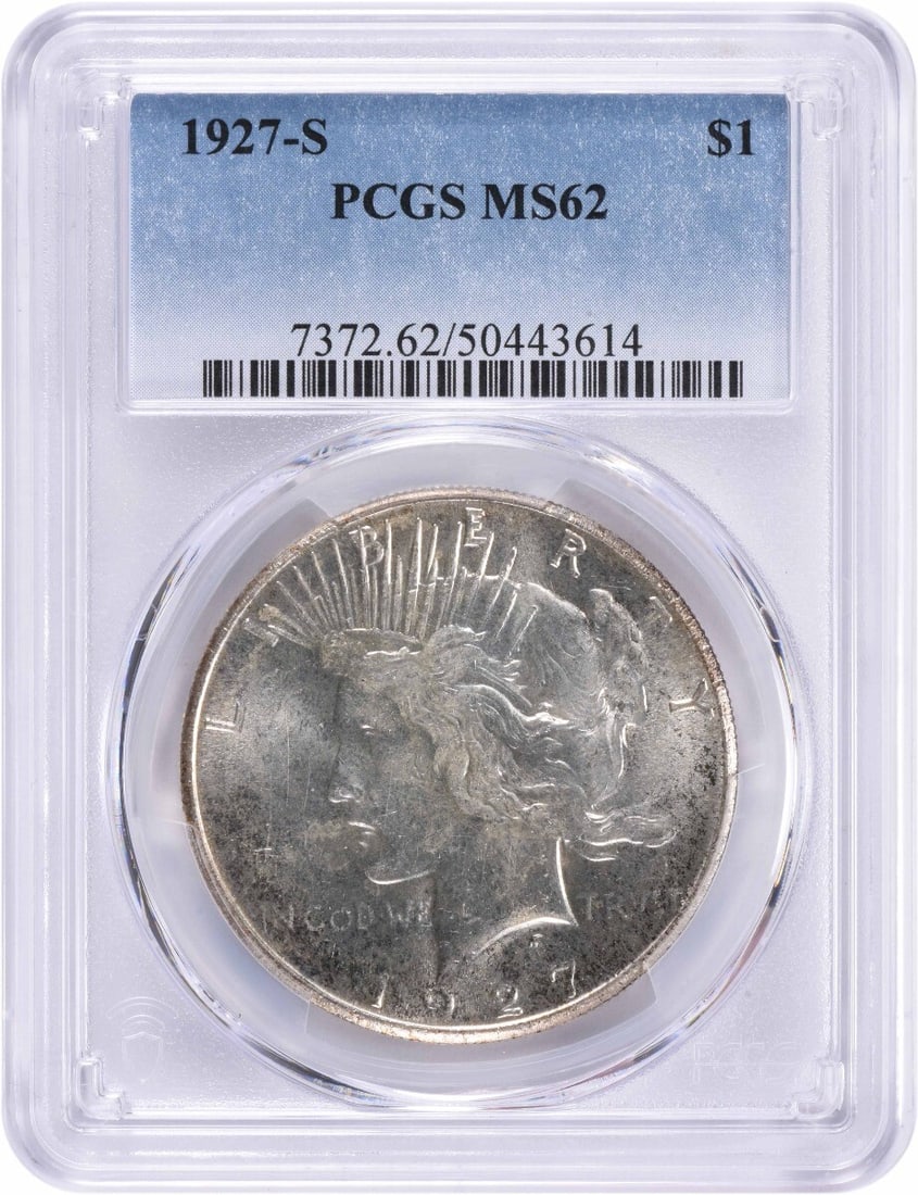 MS62 PCGS Certified 1927-S Peace One Dollar Silver Coin: MS62 PCGS Certified 1927-S Peace One Dollar Silver Coin This is a 1927-S Peace Silver Dollar graded MS62 by PCGS. Struck at the San Francisco Mint, this uncirculated coin features the iconic Peace des
