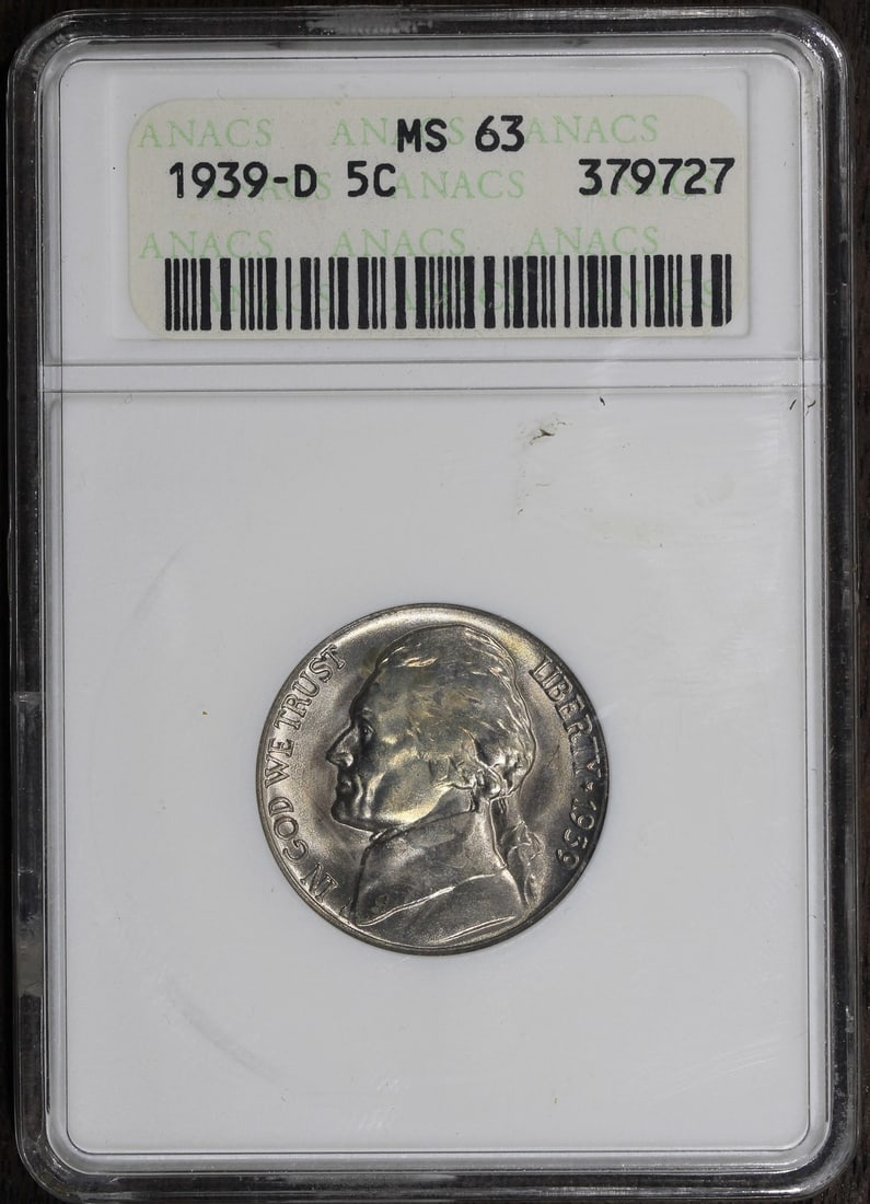 1939-D Jefferson Nickel 5C MS63 ANACS Soapbox Holder (1 of 2)