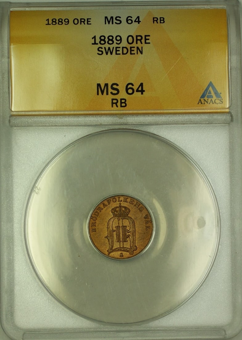 1889 Sweden 1 Ore Copper Coin ANACS MS 64 RB Certified Uncirculated: 1889 Sweden 1 Ore Copper Coin ANACS MS 64 RB Certified Uncirculated This 1889 Sweden 1 Ore Copper Coin is a remarkable piece of numismatic history. Certified by ANACS with a grade of MS 64, it is in u