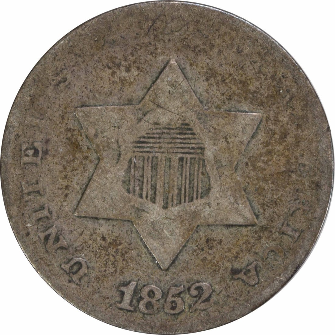1852 Three Cent Silver Coin F Grade Uncertified US Mint Philadelphia (1 of 2)
