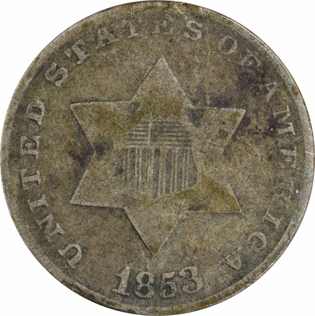 1853 Three Cent Silver Coin Uncertified Philadelphia Mint (1 of 2)
