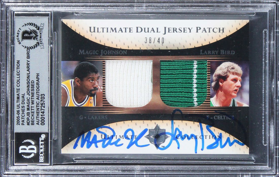 Magic Johnson Larry Bird Signed 2005 Ultimate Patches Card #DPJB 38/40 BAS Gem Mint 10 (1 of 2)