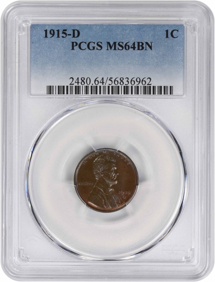 1915-D Lincoln Wheat Cent MS64BN PCGS Uncirculated Copper: 1915-D Lincoln Wheat Cent MS64BN PCGS Uncirculated Copper This 1915-D Lincoln Cent is a remarkable example of U.S. coinage, graded MS64 by PCGS, indicating its high quality and uncirculated condition.