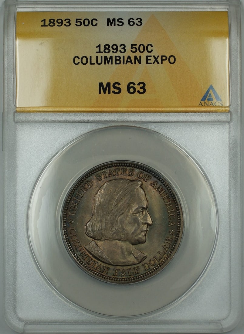 1893 Columbian Commemorative Silver Half Dollar ANACS MS 63 Toned Coin: 1893 Columbian Commemorative Silver Half Dollar ANACS MS 63 Toned Coin This 1893 Columbian Commemorative Silver Half Dollar is a remarkable piece certified by ANACS with a grade of MS-63, indicating i