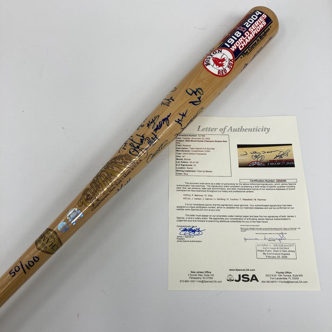2004 Boston Red Sox Team Signed Bat with JSA COA (1 of 17)