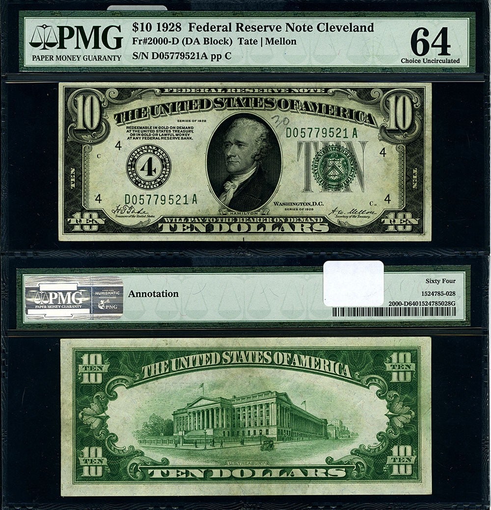 1928 $10 Federal Reserve Note Cleveland PMG CU64 Choice (1 of 3)