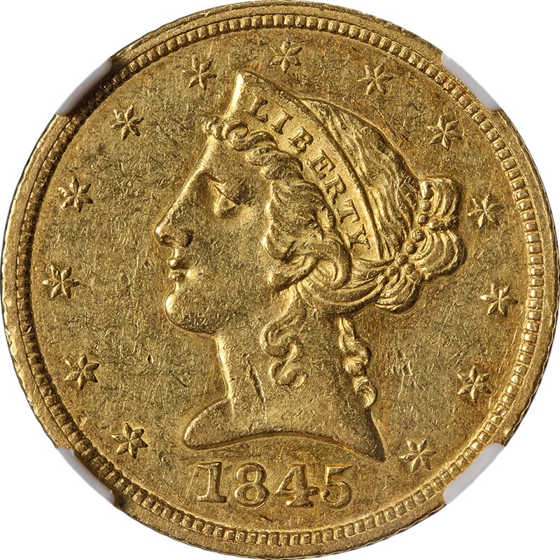 1845-P Liberty Gold $5 No Motto NGC AU55 Coin with Great Eye Appeal: 1845-P Liberty Gold $5 No Motto NGC AU55 Coin with Great Eye Appeal This original 1845-P Liberty Gold $5 coin features a beautiful eye appeal, exhibiting excellent luster and a strong strike. The coin