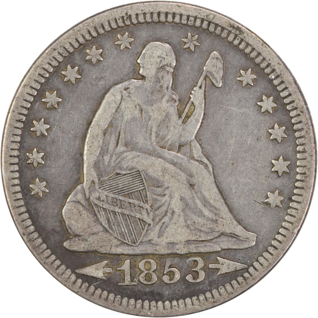 1853 Liberty Seated Silver Quarter 25C Arrows Rays Uncertified: 1853 Liberty Seated Silver Quarter 25C Arrows Rays Uncertified This 1853 Liberty Seated Silver Quarter features the Arrows and Rays design and is graded as Very Fine (VF). Minted in Philadelphia, this