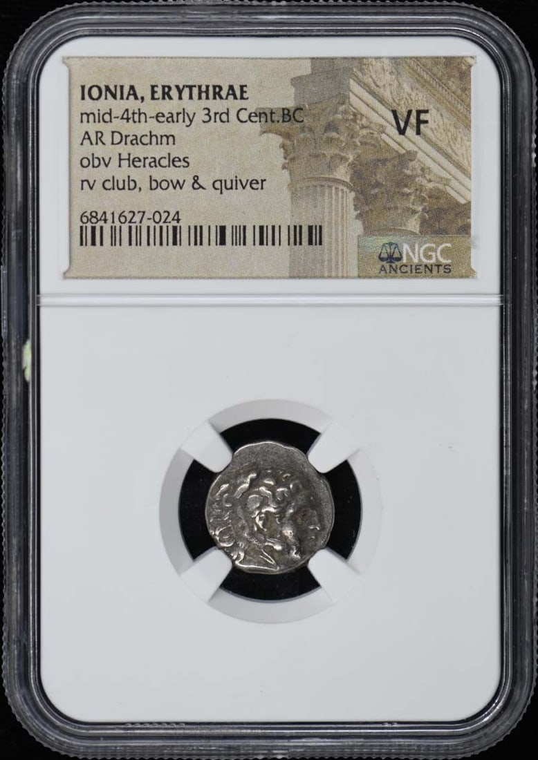 Ionia Erythrae AR Drachm 4th-3rd Century BC NGC VF25: Ionia Erythrae AR Drachm 4th-3rd Century BC NGC VF25 This ancient Ionia, Erythrae AR Drachm dates back to the mid-4th to early 3rd century BC. It has been certified by NGC with a grade of VF25, indica