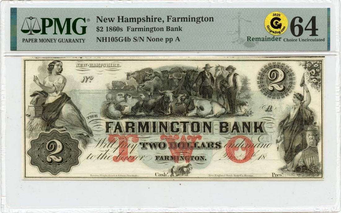 1860s $2 Farmington NH Obsolete Note PMG MS64 Type NH105G4b (1 of 2)