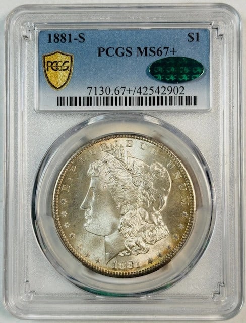 1881 S Morgan Silver Dollar PCGS MS67+ CAC Premium Quality: 1881 S Morgan Silver Dollar PCGS MS67+ CAC Premium Quality This 1881 S Morgan Silver Dollar is certified by PCGS with a grade of MS 67+ and features the CAC Premium Quality designation. This uncircula