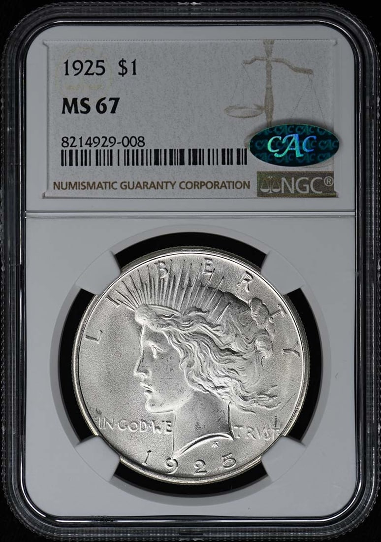 1925 Peace Dollar S$1 NGC MS67 CAC Certified Uncirculated: 1925 Peace Dollar S$1 NGC MS67 CAC Certified Uncirculated This 1925 Peace Dollar is graded MS67 by NGC, indicating an exceptional state of preservation. It is an uncirculated coin from the Philadelphi