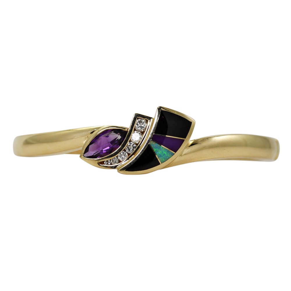 14K Yellow Gold Bangle Bracelet with Amethyst Diamonds and Gemstones (1 of 7)