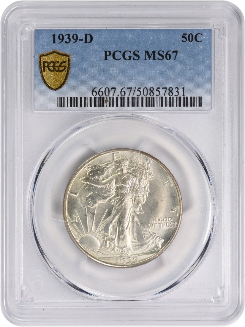 1939-D Walking Liberty Half Dollar MS67 PCGS Uncirculated Silver Coin: 1939-D Walking Liberty Half Dollar MS67 PCGS Uncirculated Silver Coin This 1939-D Walking Liberty Silver Half Dollar is a stunning piece, graded MS67 by PCGS, ensuring its high quality and preservatio