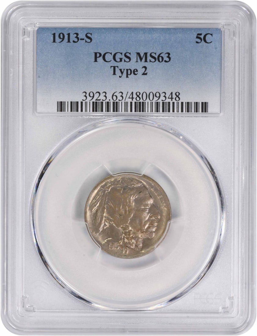 1913-S Buffalo Nickel Type 2 MS63 PCGS Uncirculated Coin: 1913-S Buffalo Nickel Type 2 MS63 PCGS Uncirculated Coin This 1913-S Buffalo Nickel Type 2 is a stunning example of early 20th-century American coinage, graded MS63 by PCGS. Featuring the iconic buffa